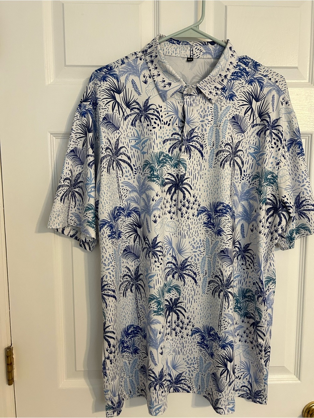 Source Unknown White Polo with Blue Palm Print
